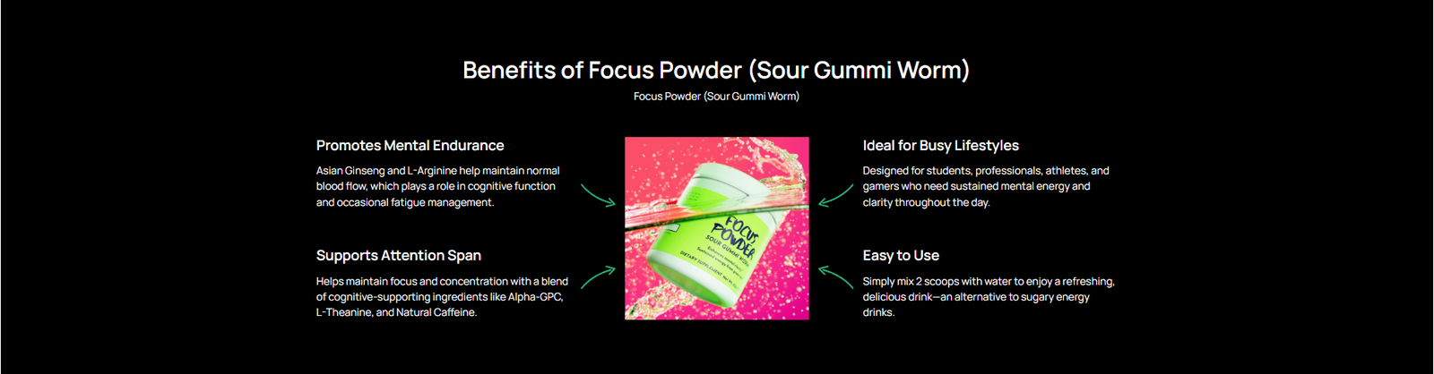 Focus Powder (Sour Gummi Worm) benefits
